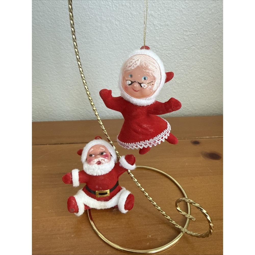 VTG Mr & Mrs. Clause Plastic Felt Covered Christmas Ornaments Kitsch MCM